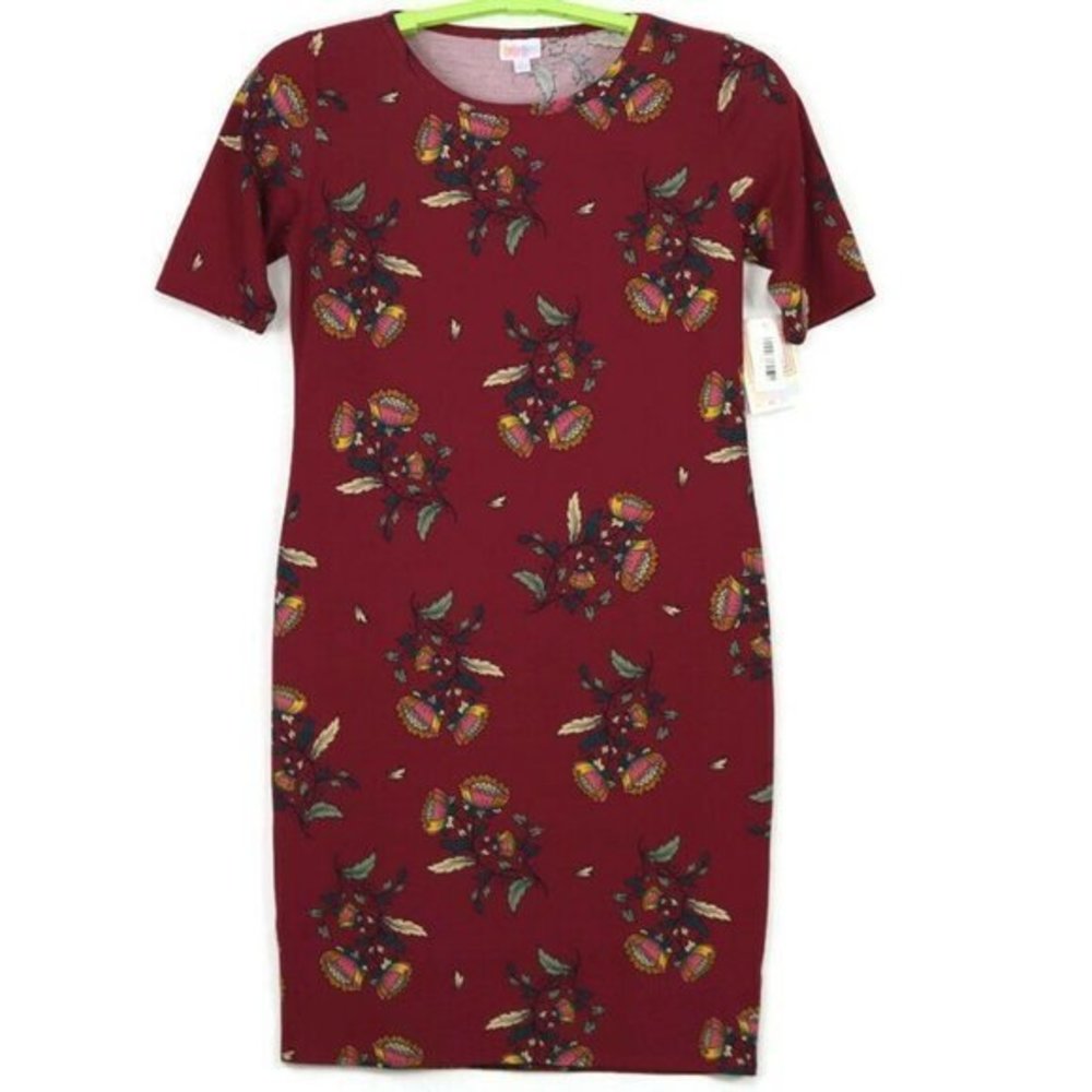 LuLaRoe Julia Sheath Pencil Dress‎ Red Maroon Green Floral L Large